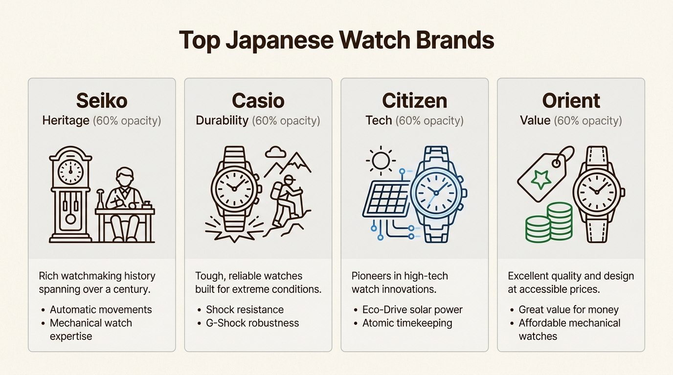 Each of the 'Big Four' Japanese watchmakers offers distinct strengths, helping you choose the perfect timepiece for your needs.