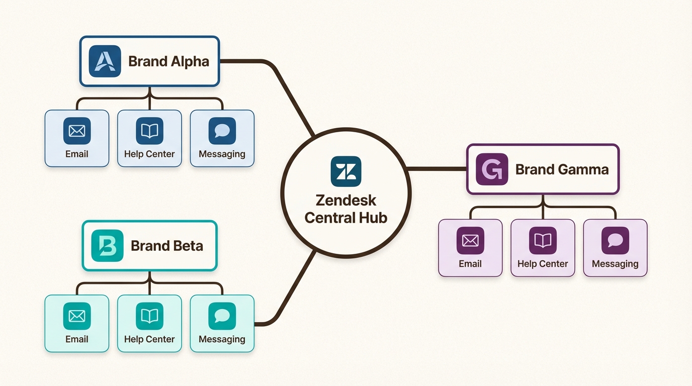 Diagrama de centro y radio de una sola cuenta de Zendesk que administra canales de soporte únicos para múltiples marcas distintas