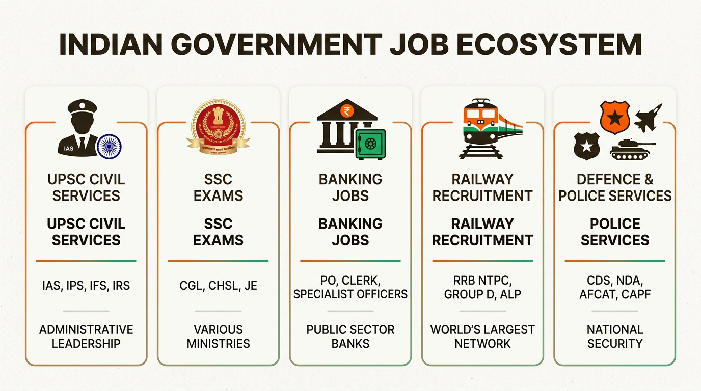 This visual map helps candidates understand the vast range of career paths available within the Indian government sector.