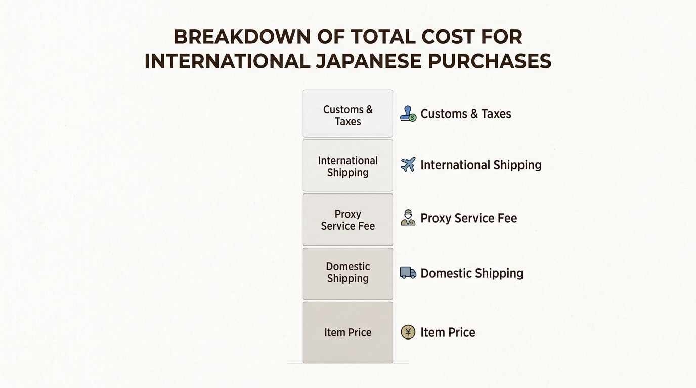 Visualize the complete cost breakdown of your Japanese purchases, highlighting how various fees, especially international shipping and customs, contribute to the final price.
