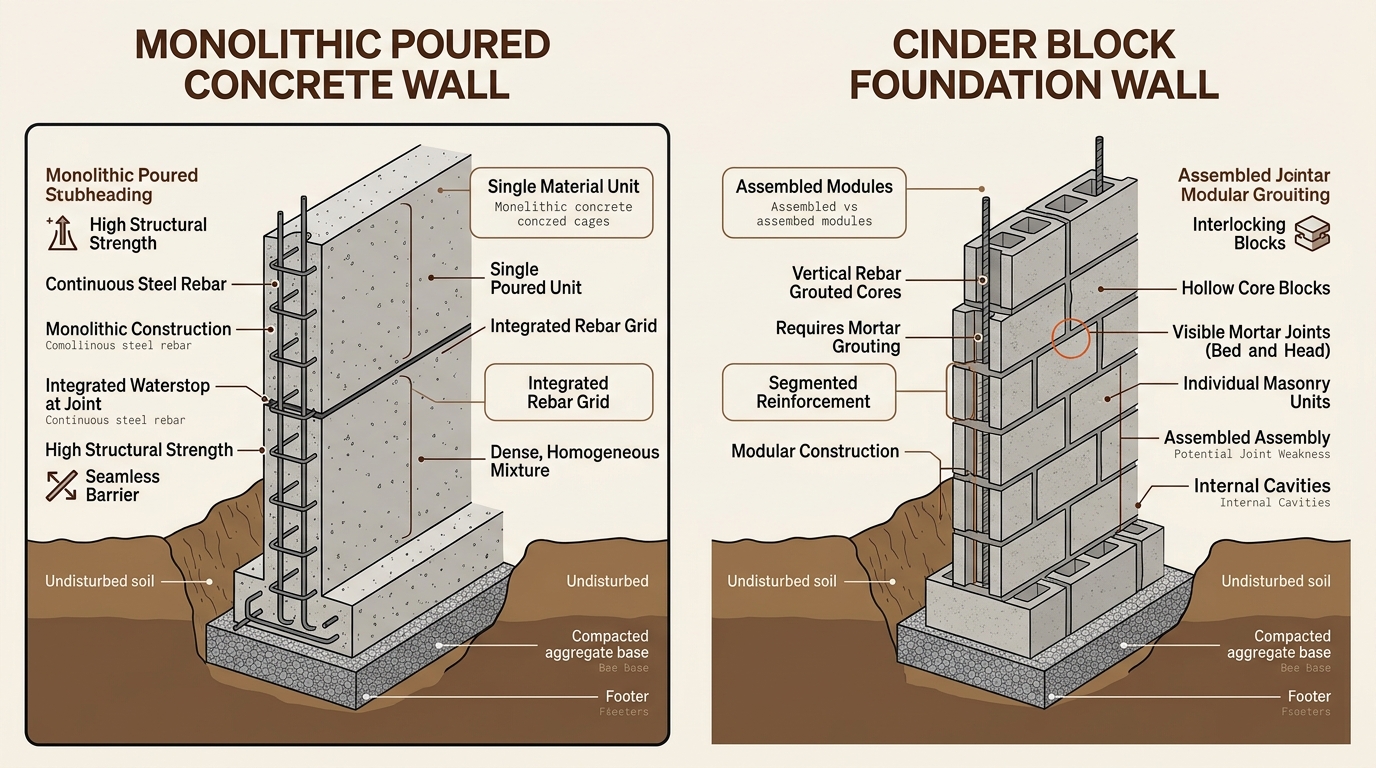Understanding the structural differences between seamless poured concrete and assembled cinder blocks is essential for identifying how each foundation type fails.