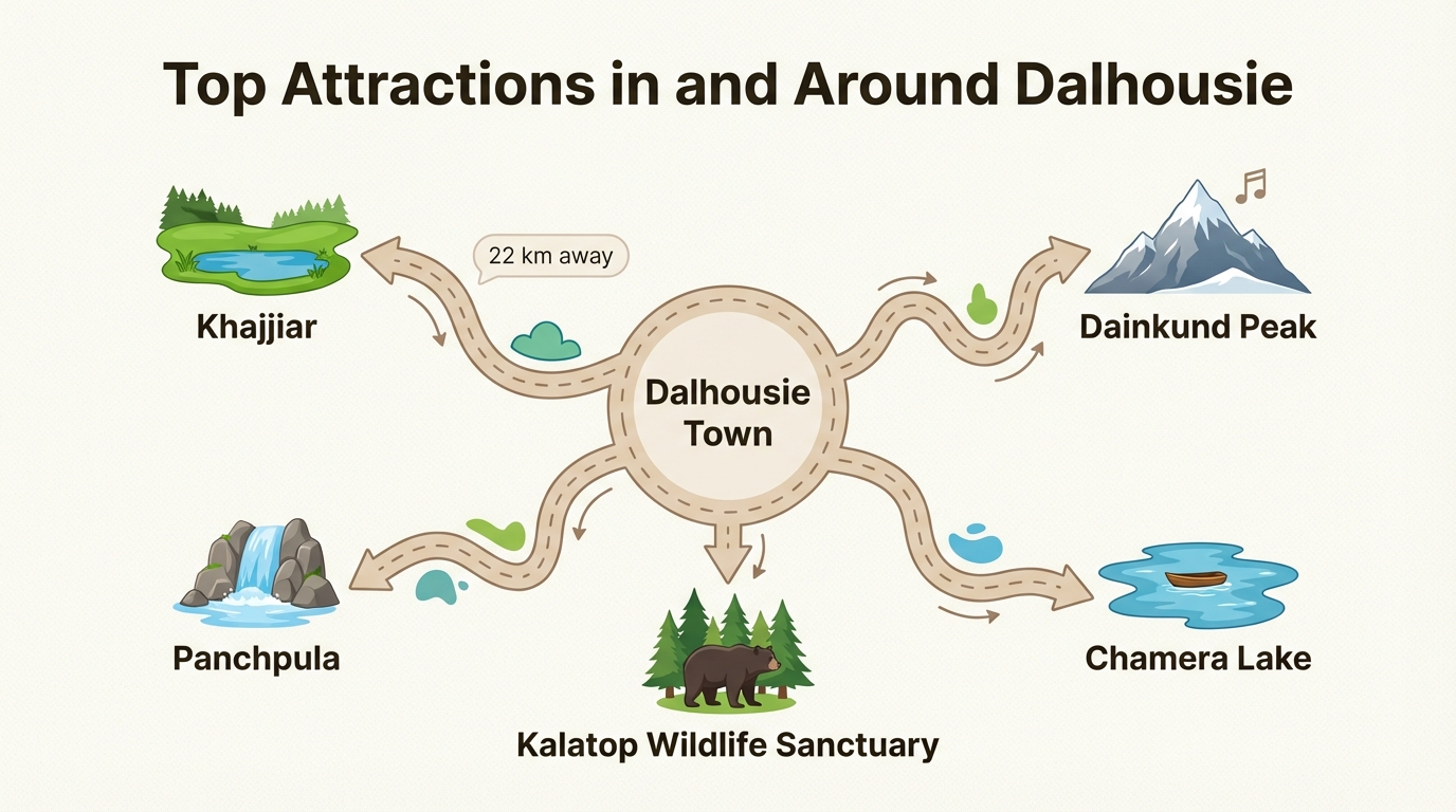 An illustrated map infographic of top attractions near Dalhousie, including Khajjiar, Dainkund Peak, and Kalatop Wildlife Sanctuary, for visitors exploring underrated hill stations in India Dalhousie.