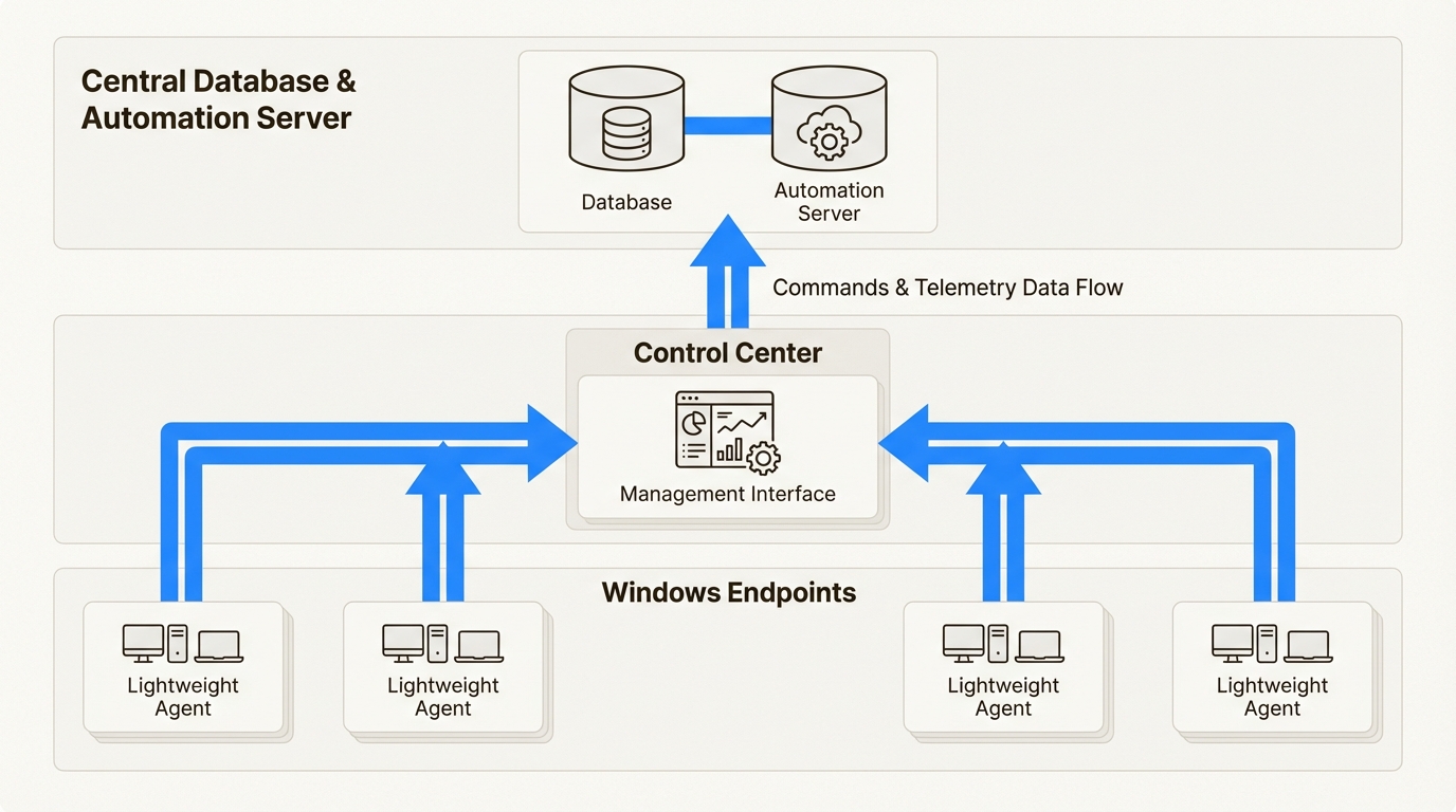 Three-tier architecture diagram showing data flow between components