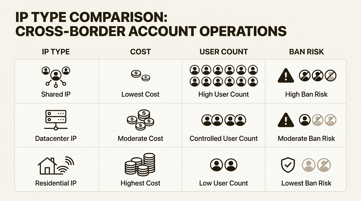 Compare Shared, Datacenter, and Residential IPs to understand why residential IPs offer the highest trust for secure cross-border account warming.