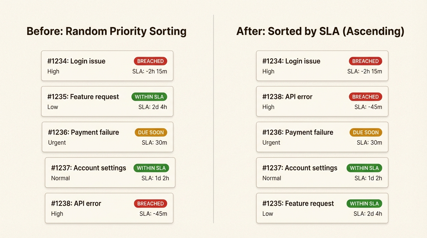 Classificar por SLA crescente traz os tickets mais urgentes e violados para o topo da fila
