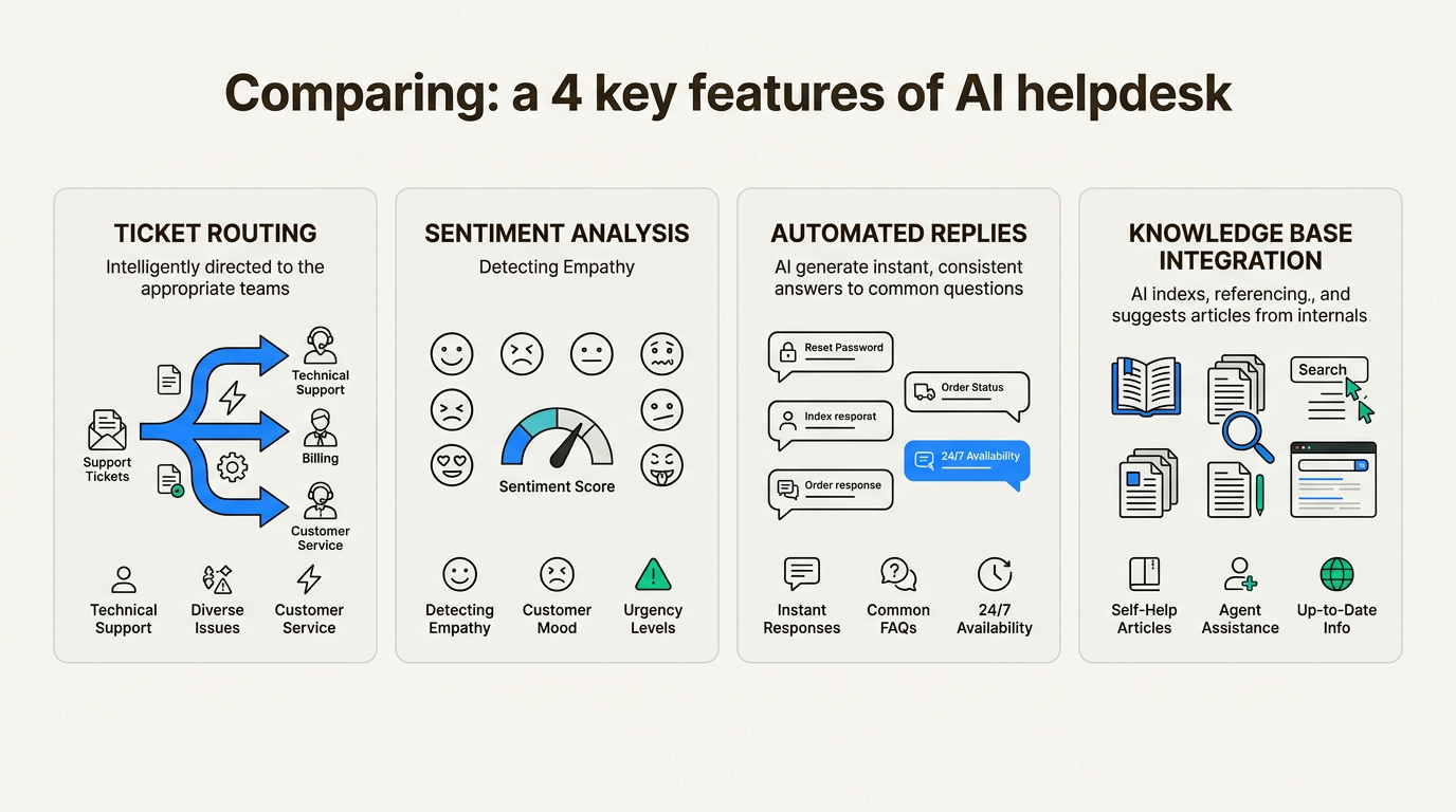 Recursos de helpdesk de IA, incluindo roteamento de tickets, análise de sentimento, respostas automatizadas e integração da base de conhecimento.