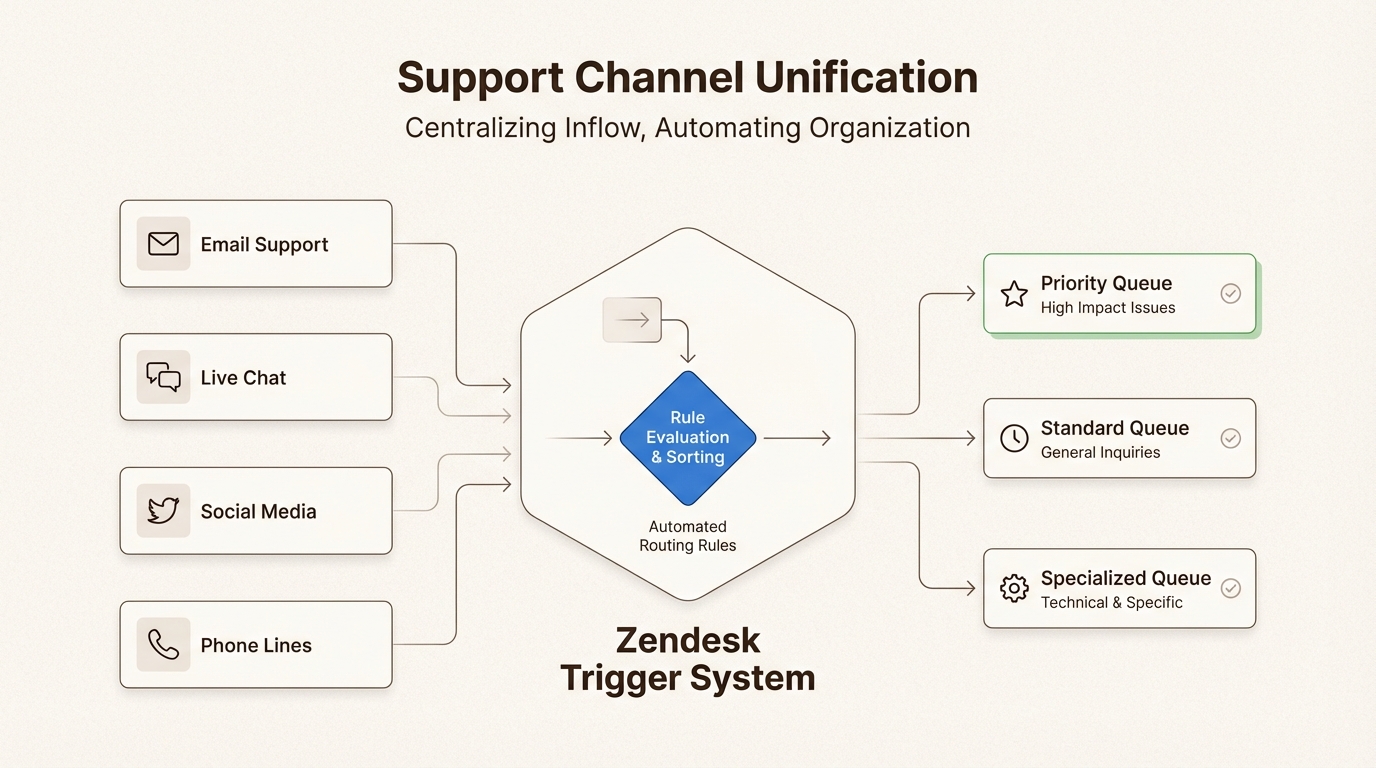 Aperçu visuel de l'automatisation du routage des tickets basée sur les canaux