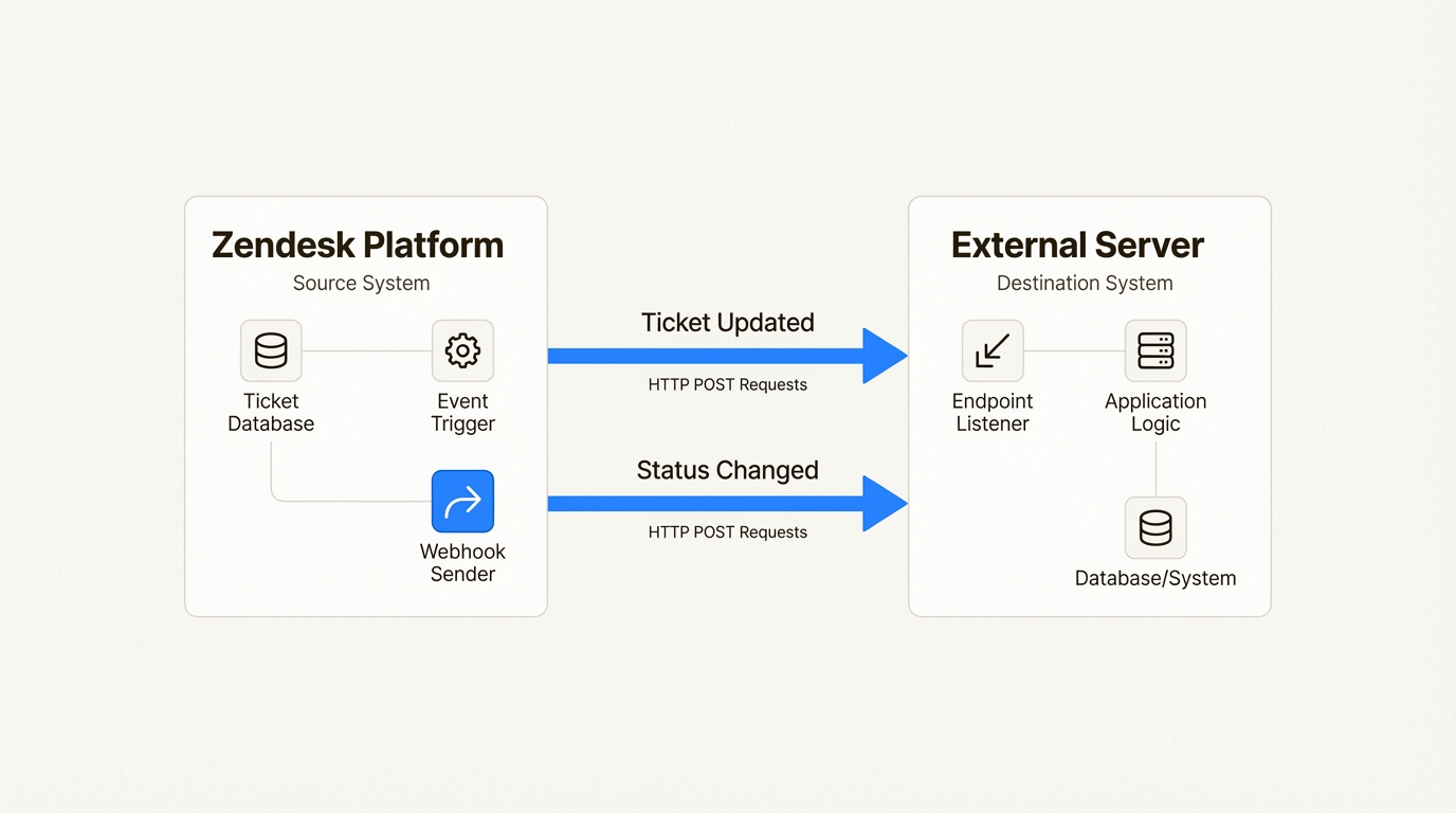 Fluxo de dados do webhook do Zendesk de eventos de ticket para endpoints externos