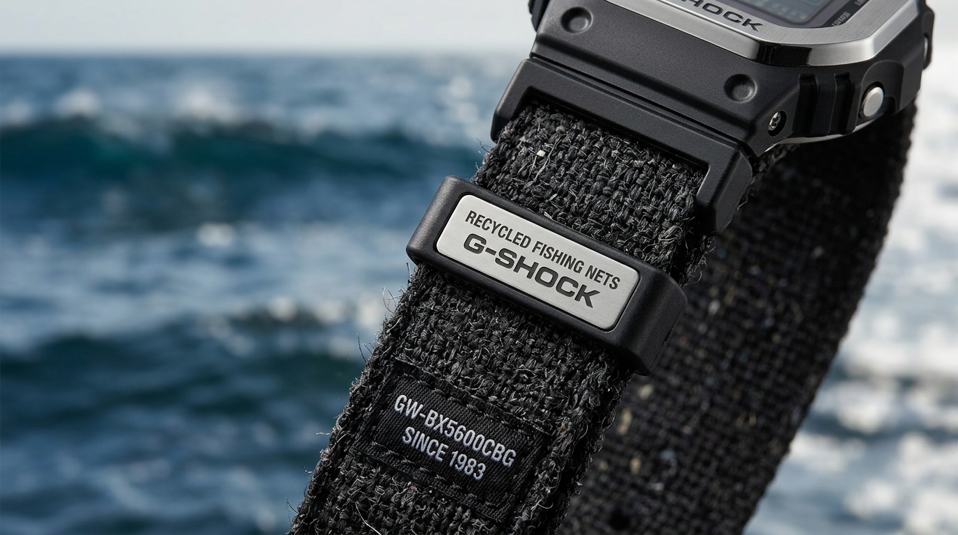 Explore the GW-BX5600CBG's innovative band, crafted from recycled fishing nets, showcasing G-Shock's commitment to sustainability and marine conservation.
