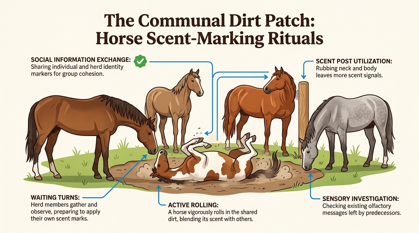 Communal rolling spots act as social hubs where horses communicate through scent and reinforce herd hierarchy and social bonds.