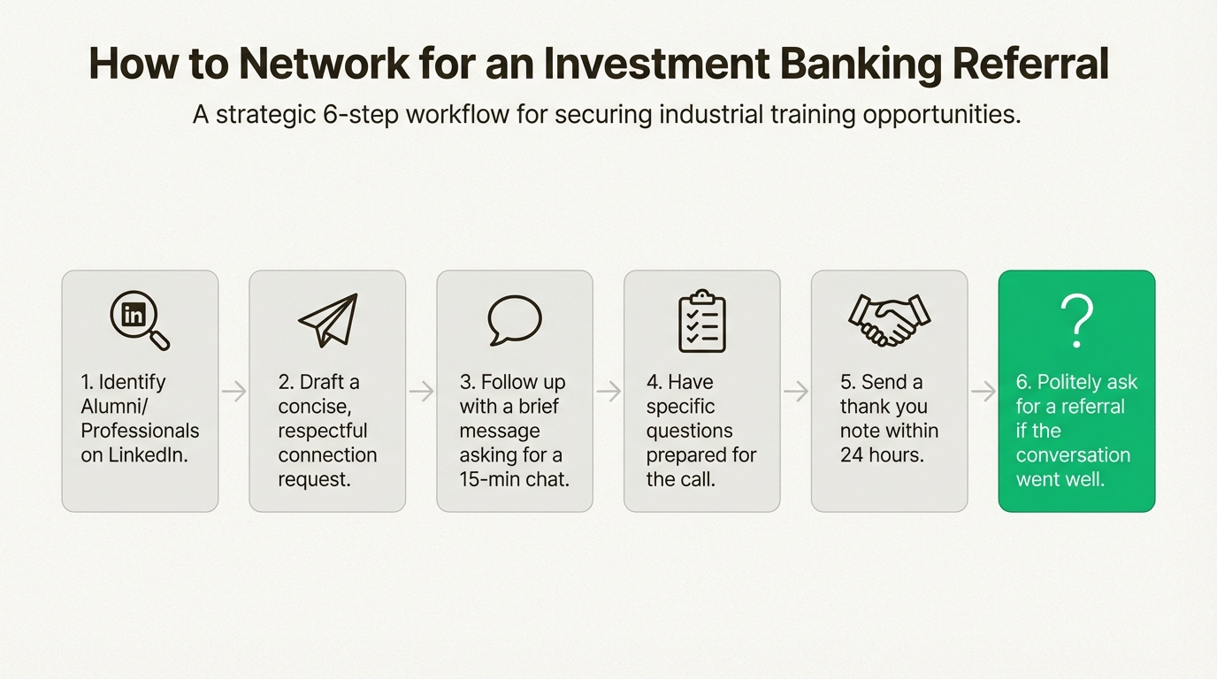 A 6-step workflow showing how to network effectively to get a referral for an industrial training in investment banking role.