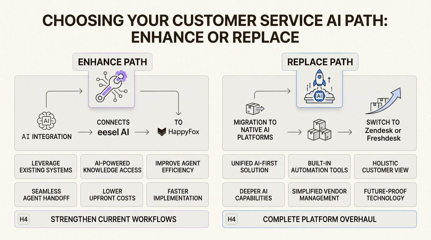 Estrutura de decisão para adicionar IA ao HappyFox ou migrar para uma nova plataforma