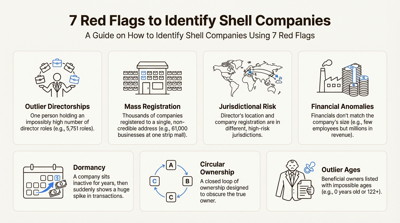 An infographic detailing the seven key red flags for identifying shell companies, including outlier directorships and mass registration.