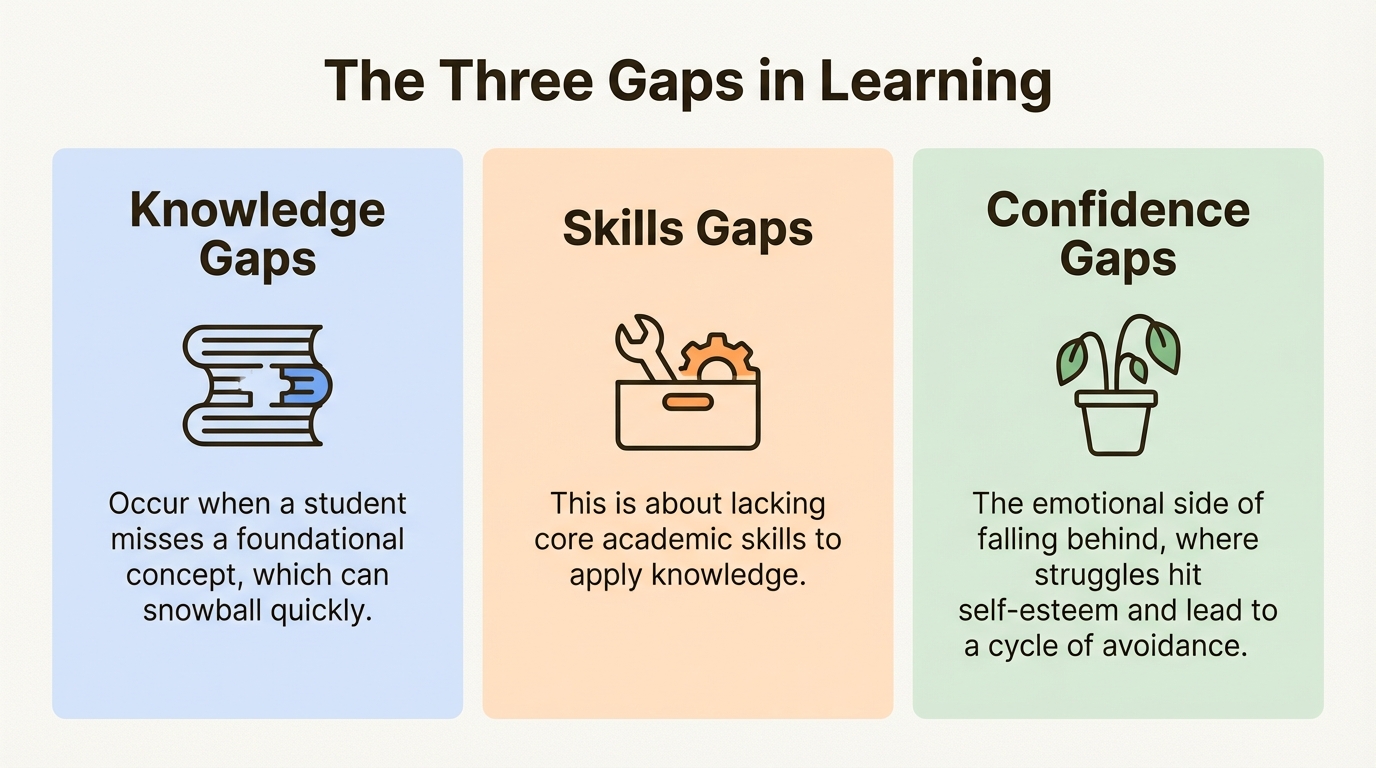 An infographic explaining the common signs of a student falling behind at school, broken down into knowledge gaps, skills gaps, and confidence gaps.