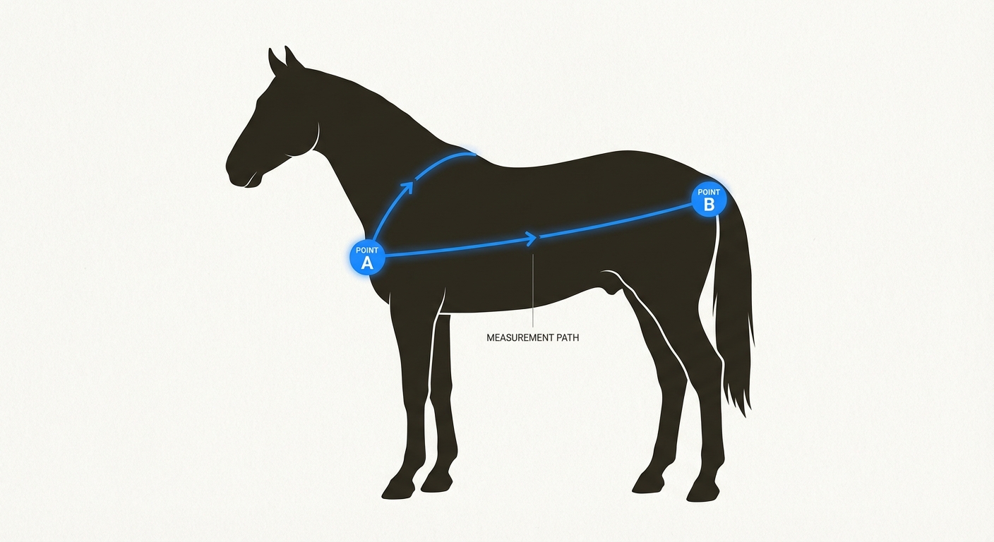 Diagram showing the precise path from chest to buttocks for measuring a horse blanket