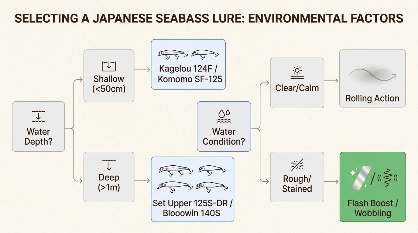 This decision tree guides anglers to select the optimal Japanese seabass lure by matching its characteristics to specific water depth and conditions.