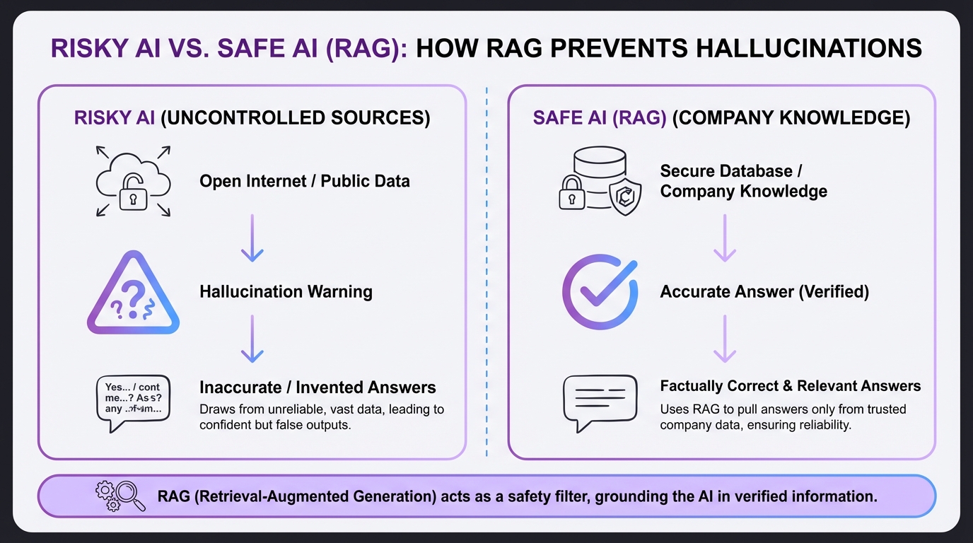 Una infografía que compara una IA riesgosa sin RAG con una IA segura para agentes de atención al cliente que utiliza RAG para obtener respuestas solo del conocimiento de la empresa.