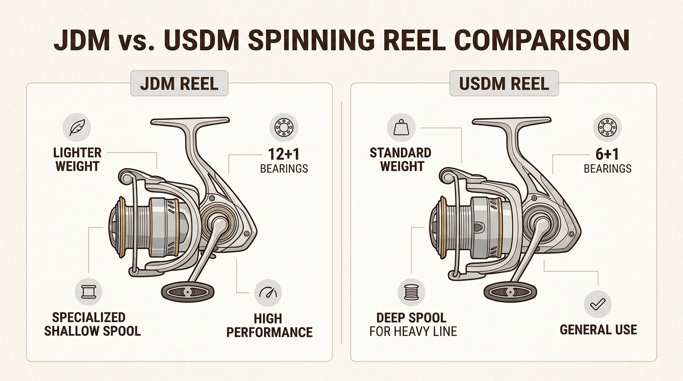 Compare the technical advantages of JDM spinning reels, showcasing lighter weight, more bearings, and specialized shallow spools over USDM models.