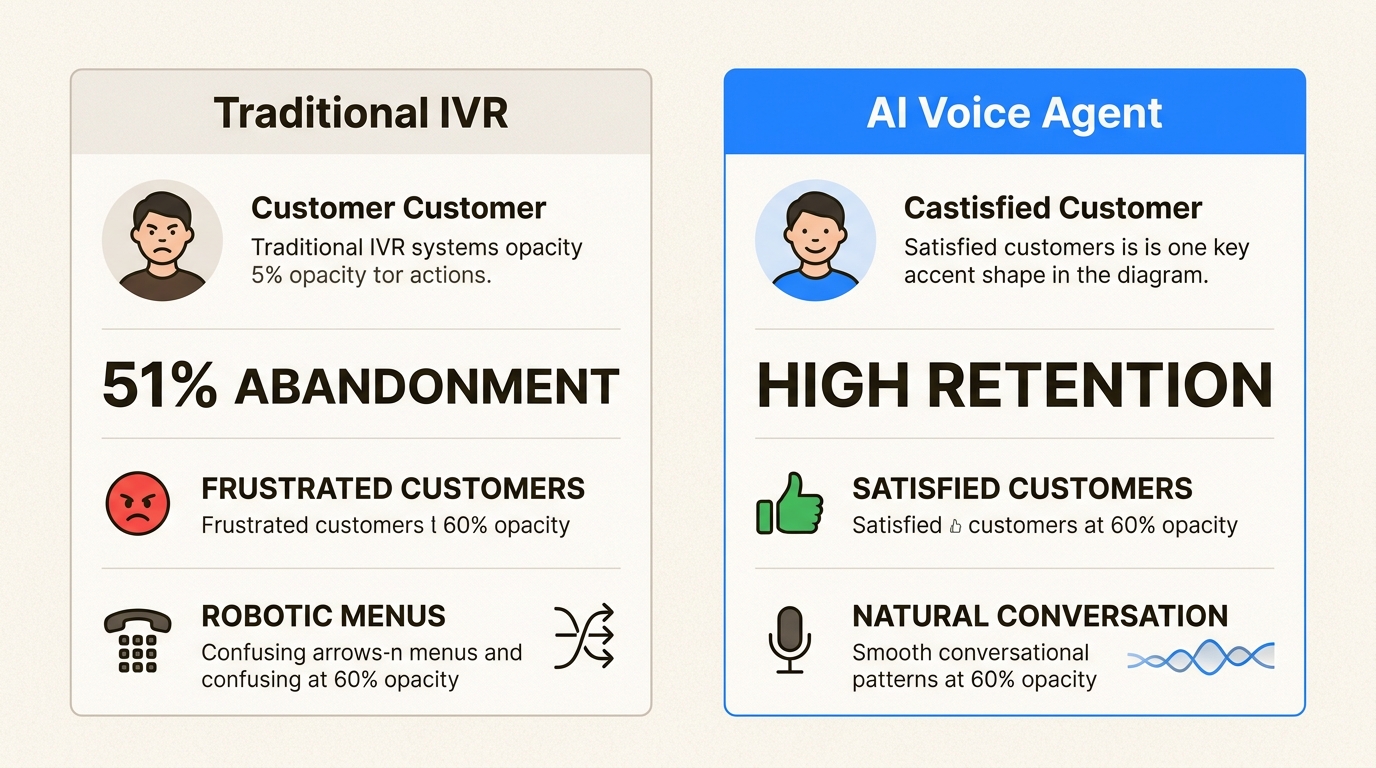 Enterprises face significant customer churn as rigid IVR menus lead to over 50% call abandonment, highlighting the need for conversational AI.