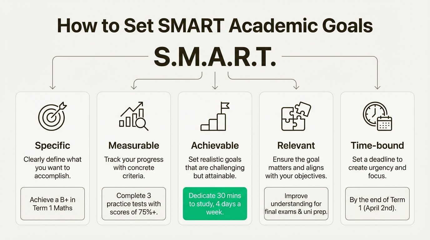 An infographic explaining how to set Specific, Measurable, Achievable, Relevant, and Time-bound (SMART) academic goals.