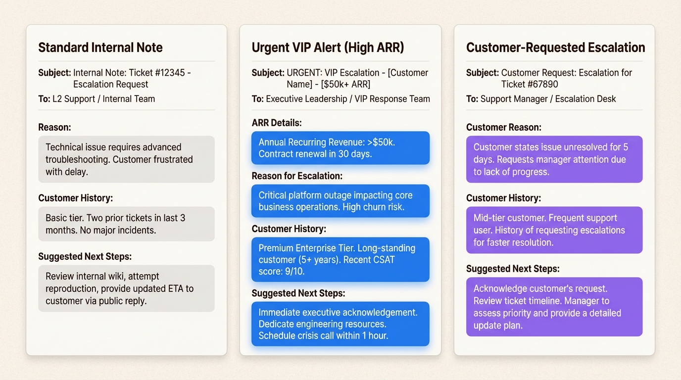 Três formatos de modelo de e-mail para contexto de escalonamento consistente