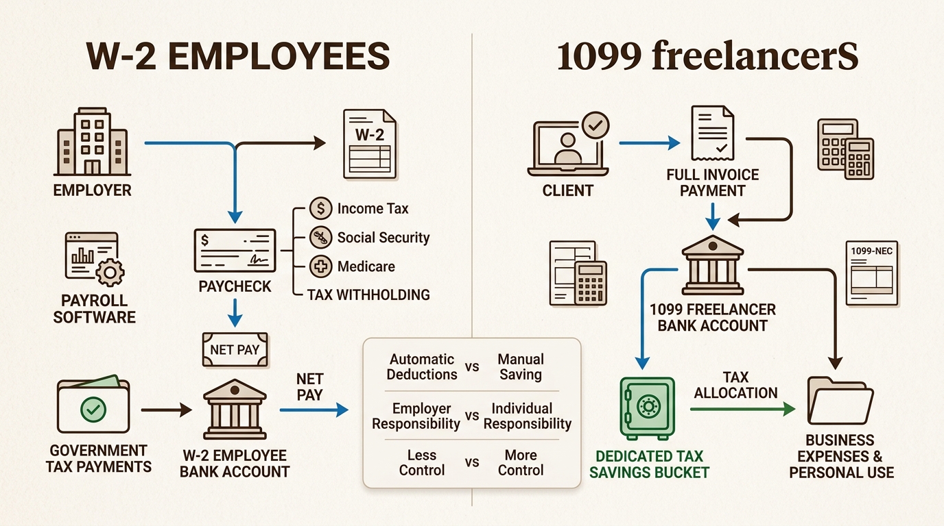 Comparison flowchart of tax processes for W-2 employees versus 1099 freelancers, highlighting real-time quarterly tax tracking.