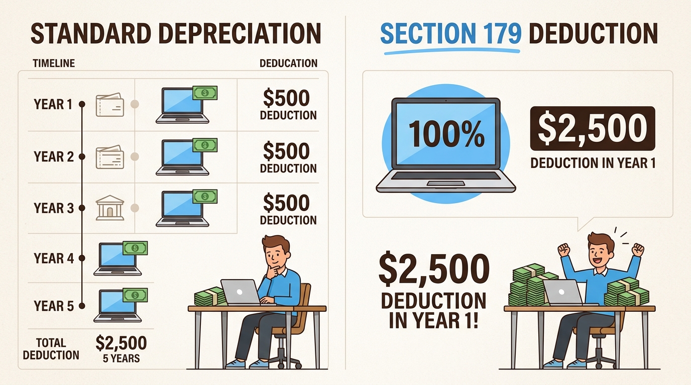 Visualizing standard vs. Section 179 asset depreciation tax deductions for freelancers.