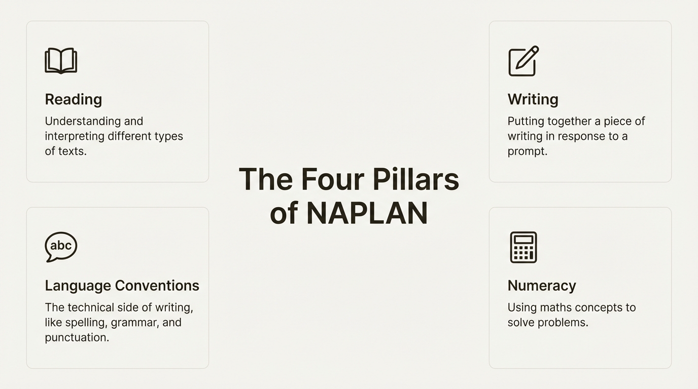 An infographic showing the four pillars of NAPLAN: reading, writing, language conventions, and numeracy.