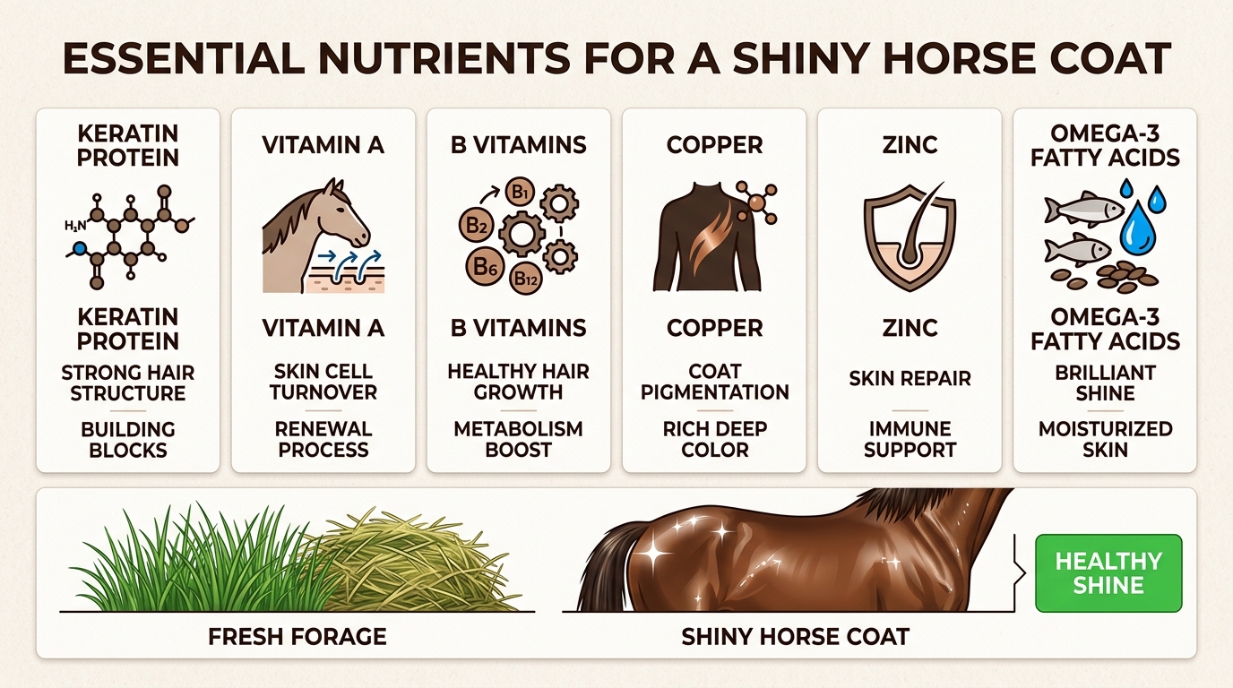 Providing the correct balance of protein and trace minerals ensures your horse has the necessary biological building blocks for a sleek summer coat.