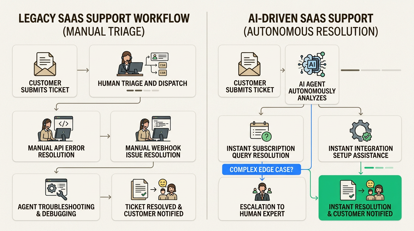 Help desks de IA mudam o suporte SaaS do gerenciamento manual de tickets para a resolução autônoma de questões técnicas complexas, como erros de API.