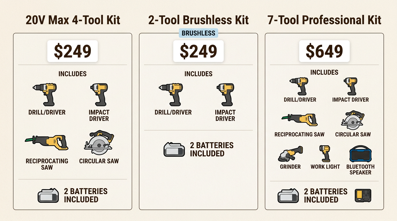 Comparing these kits helps you identify the best balance of tool variety and motor technology for your specific budget.