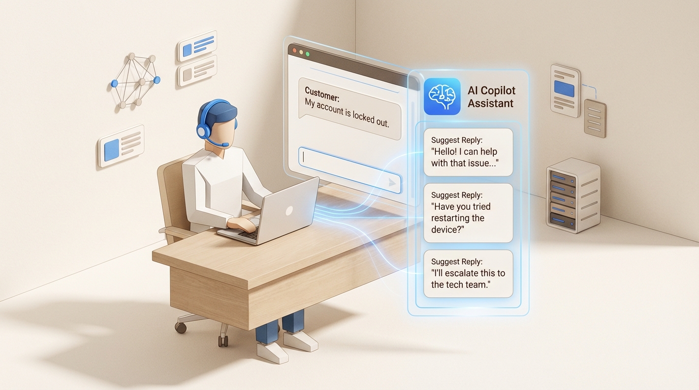 Une illustration isométrique 3D professionnelle d’un assistant copilote IA aidant un agent de support avec des réponses suggérées.