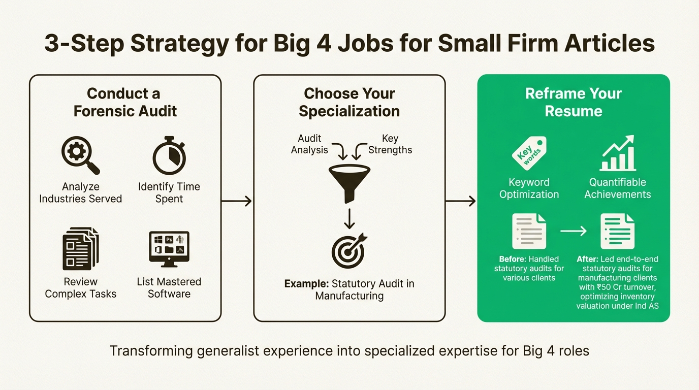 A three-step workflow on how to reframe small firm experience for a Big 4 job application.