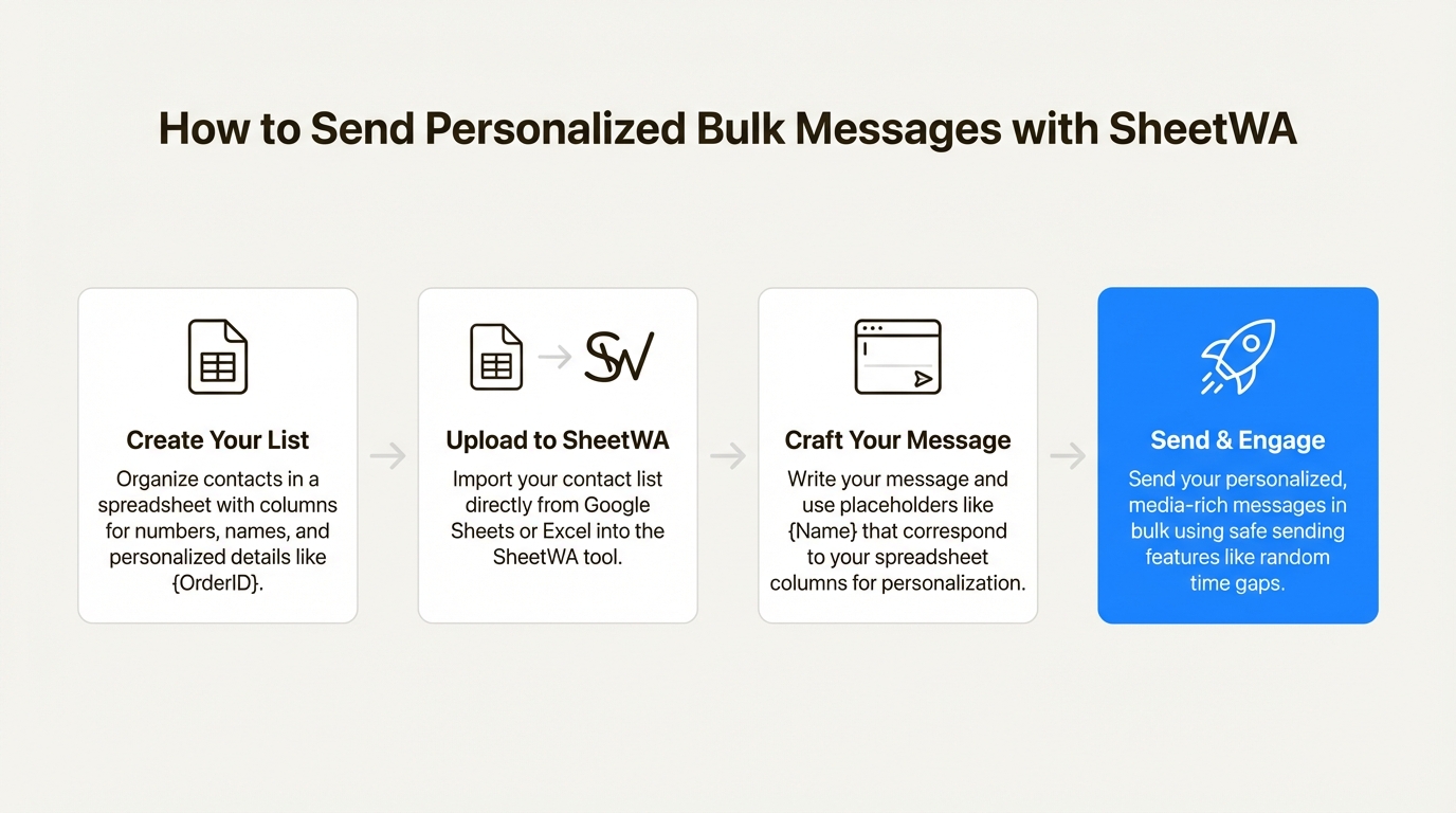 A workflow diagram showing how to use a spreadsheet to manage WhatsApp contact lists and send personalized bulk messages.