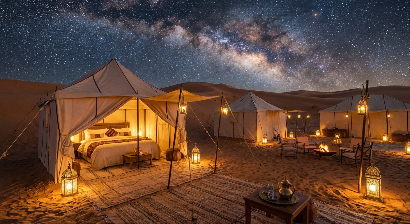 Premium desert camp with en-suite bathrooms and gourmet dining under the stars
