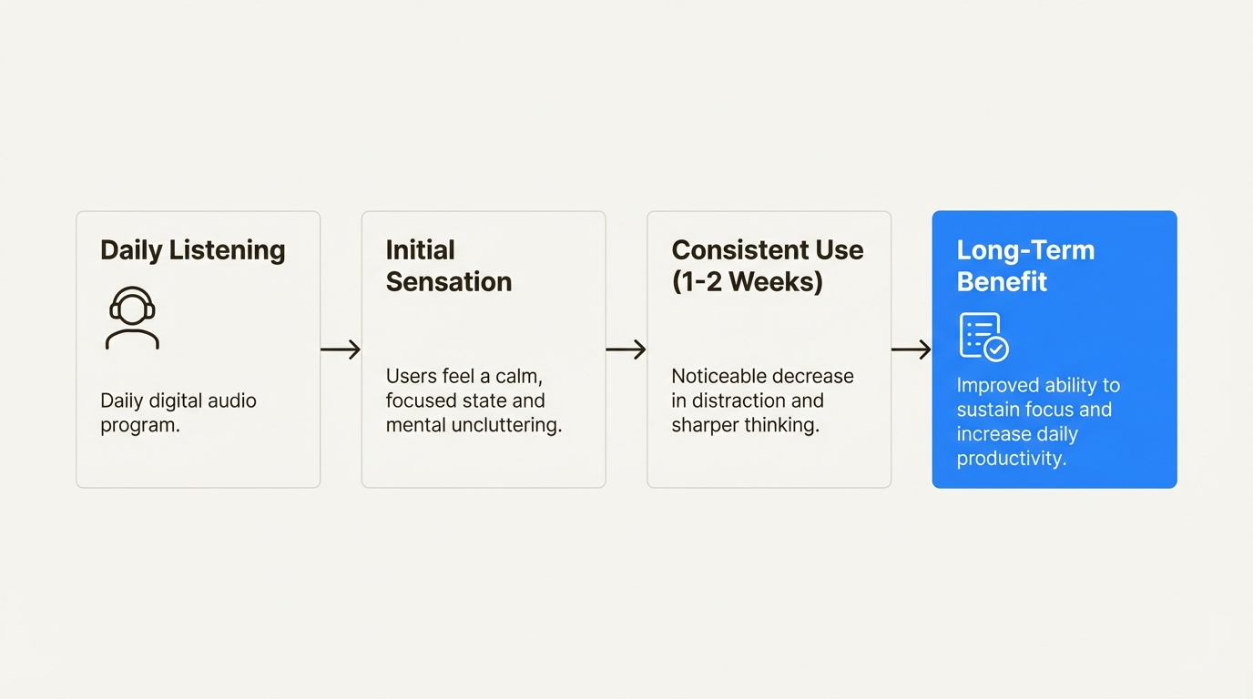 A workflow diagram showing the user journey and long-term benefits of using The Genius Song for improved productivity.