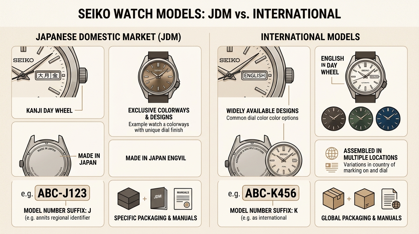 Understand the distinct features of JDM Seiko watches, such as the Kanji day wheel and exclusive designs, that set them apart from international versions.