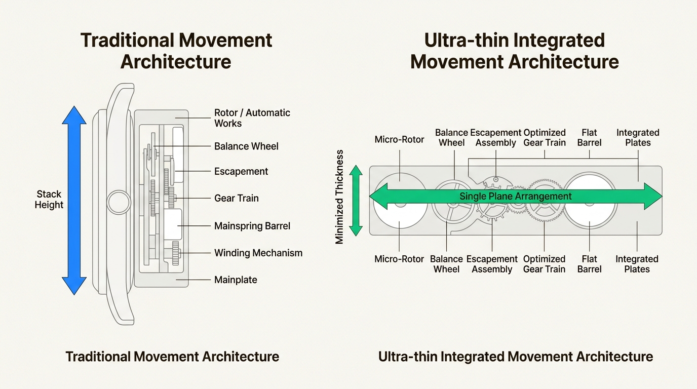 Understanding this fundamental design shift reveals how engineers overcome spatial limitations to achieve extreme thinness in watch movements.