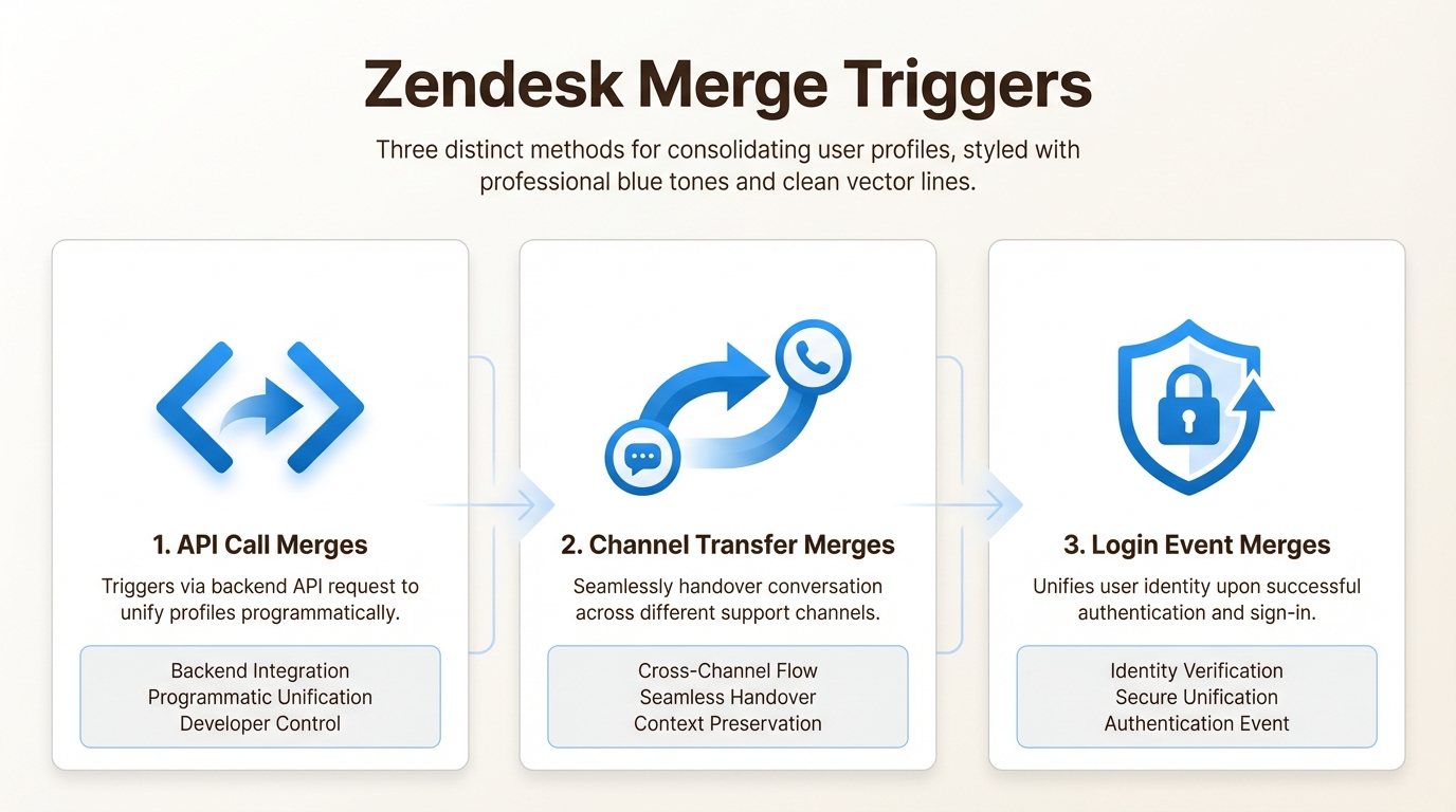 Tres activadores para la fusión de conversaciones: llamadas API, transferencias de canal y eventos de inicio de sesión