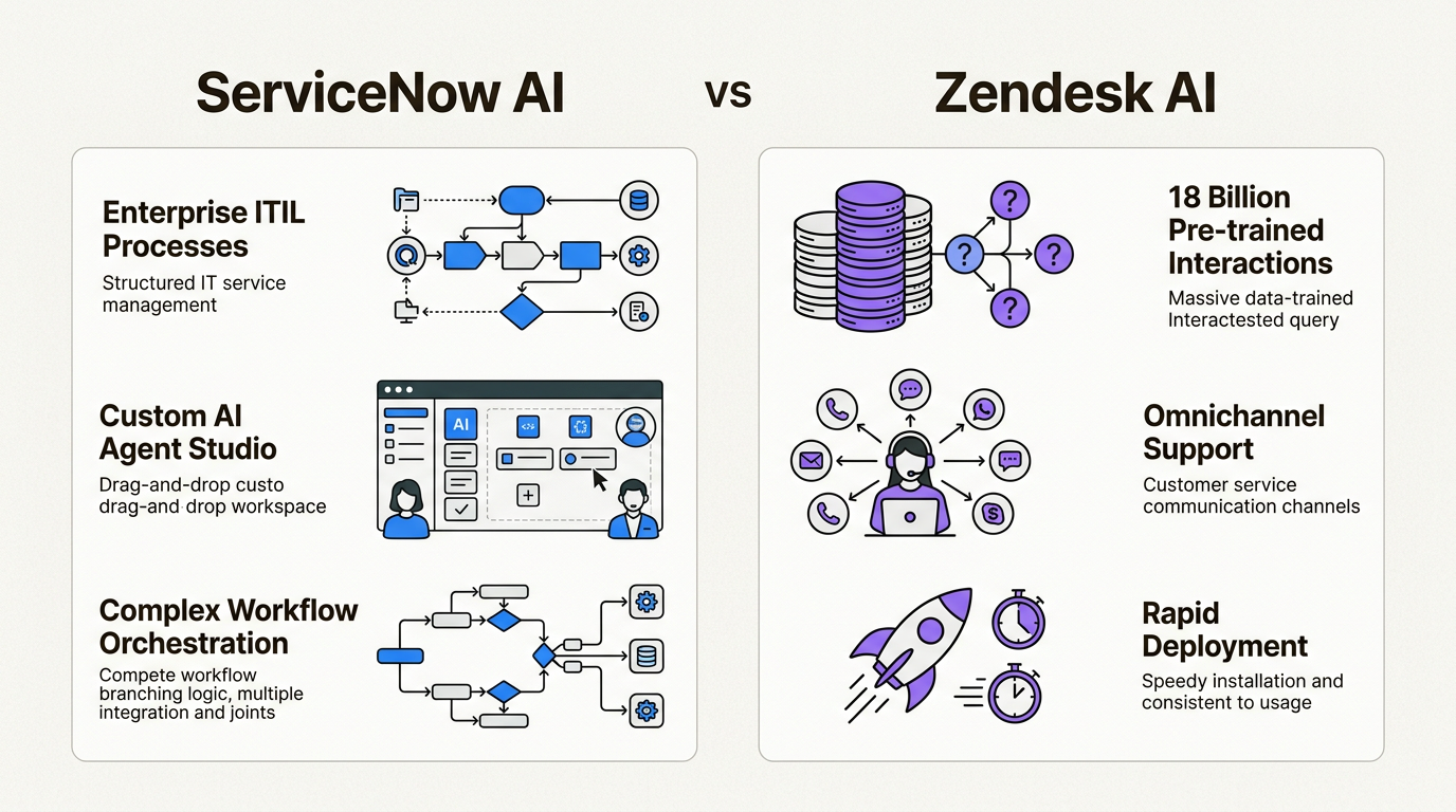 ServiceNow prioriza la personalización profunda de la empresa y los flujos de trabajo ITIL, mientras que Zendesk enfatiza el valor inmediato a través de modelos de servicio al cliente pre-entrenados.