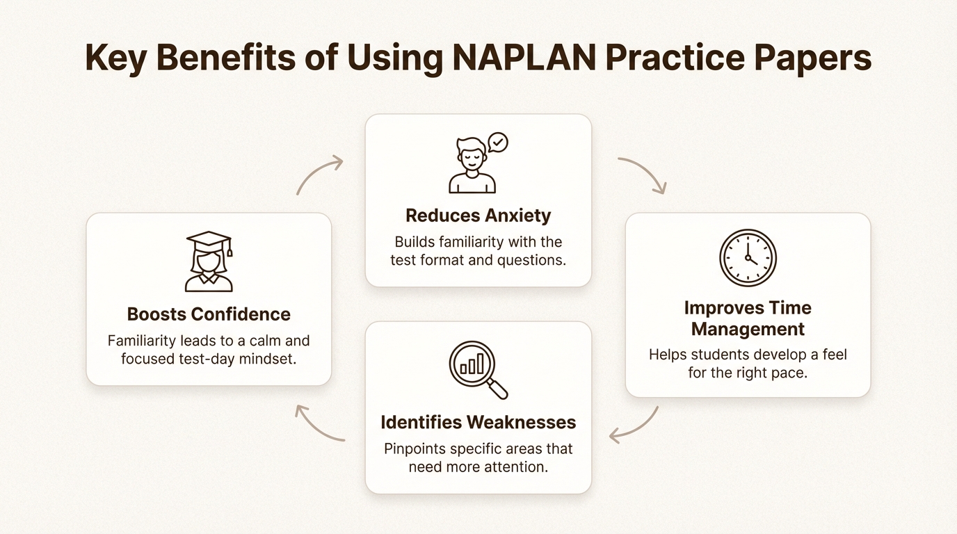 An infographic highlighting four key benefits of using NAPLAN 2026 NAPLAN practice papers: reducing anxiety, improving time management, identifying weaknesses, and boosting confidence.