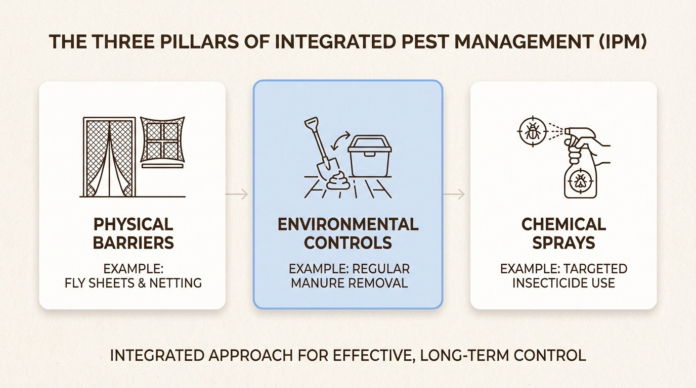 Combining physical barriers with environmental and chemical controls creates a multi-layered defense system that fly spray alone cannot provide.