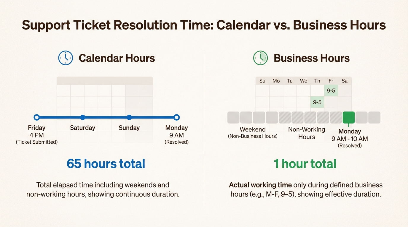 Infografía que compara las horas de calendario con las horas laborables para las métricas de tickets de soporte