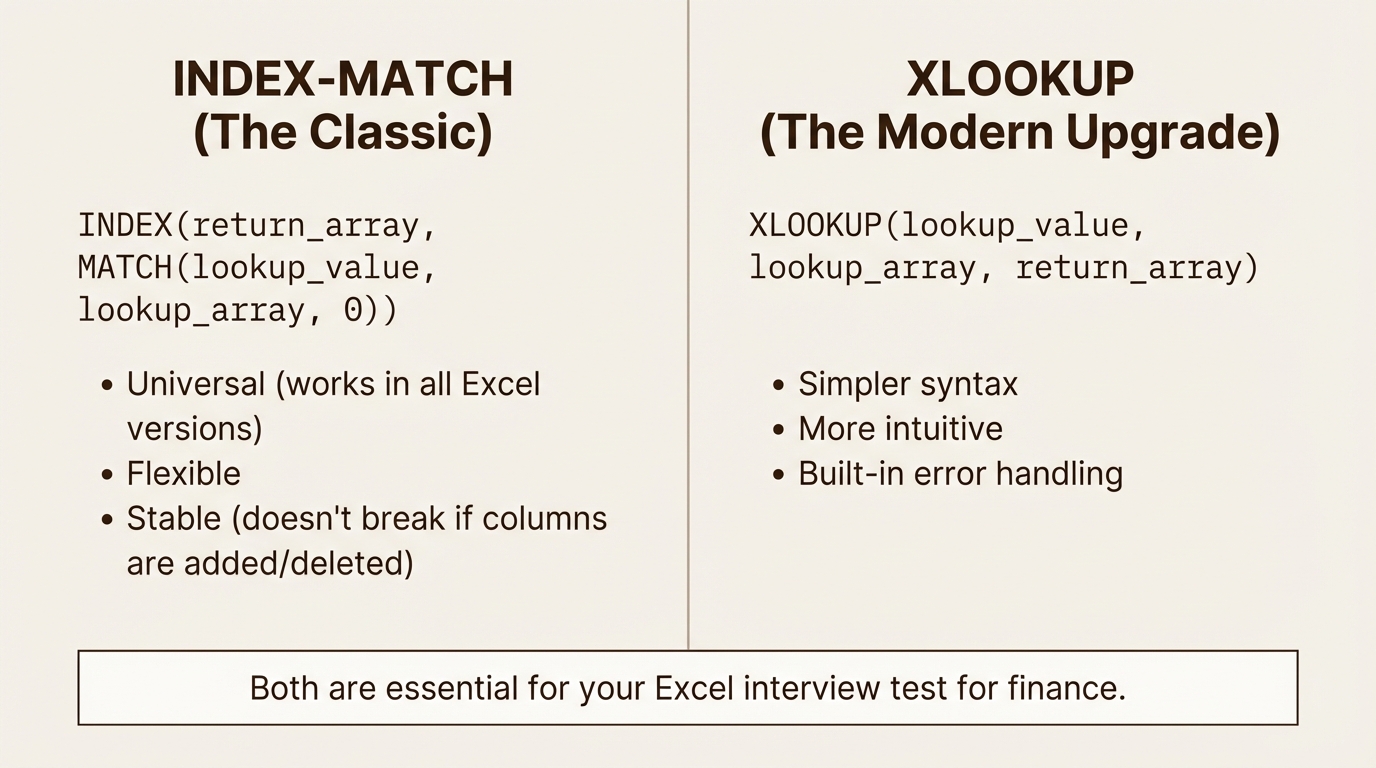 A comparison infographic for an Excel interview test for finance, showing the differences between the INDEX-MATCH and XLOOKUP formulas.
