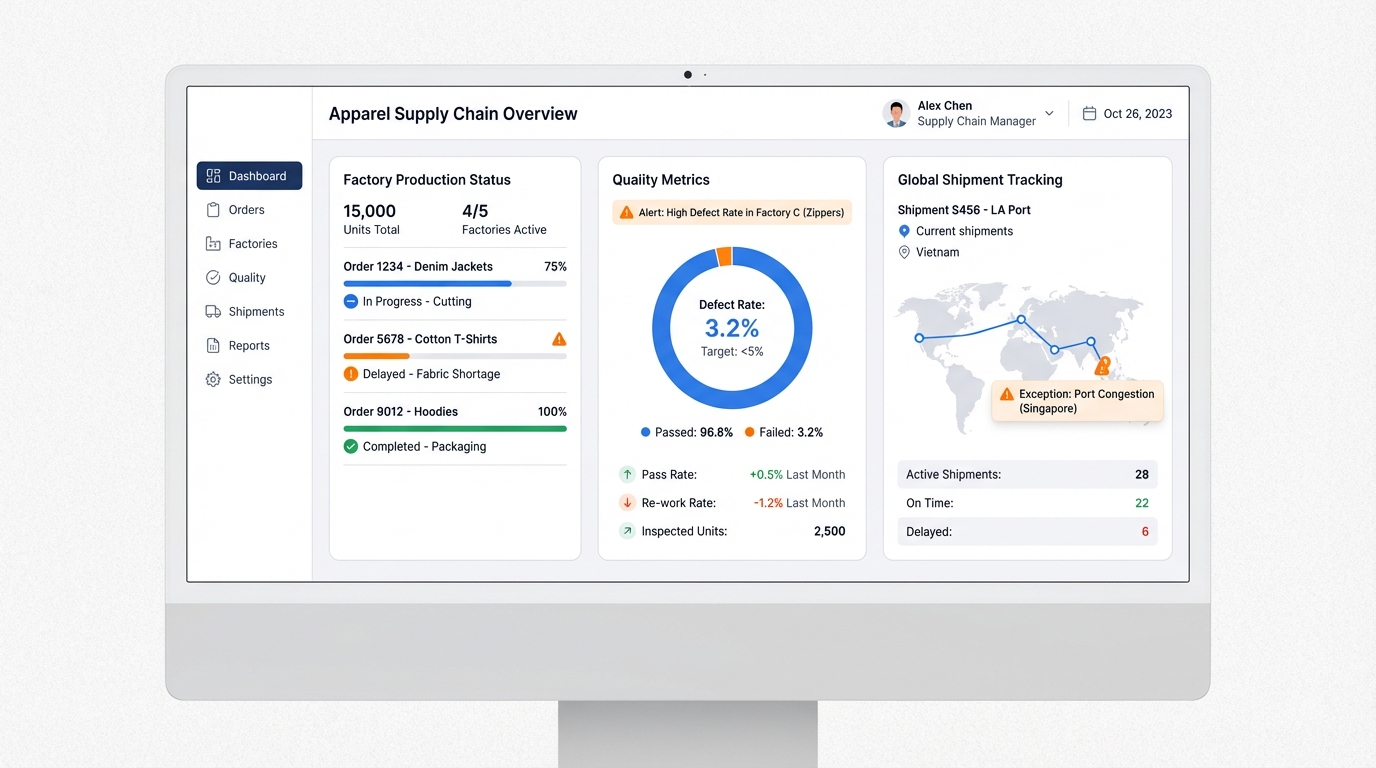 Real-time sourcing dashboard showing order status and production metrics