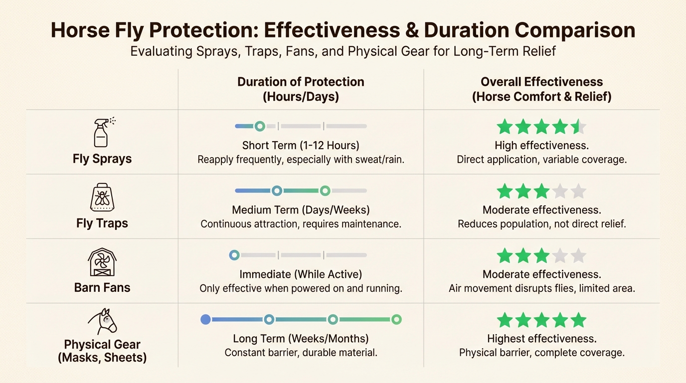 Comparing common fly control methods reveals that physical protection offers the most consistent and high-impact defense for horses living in outdoor environments.