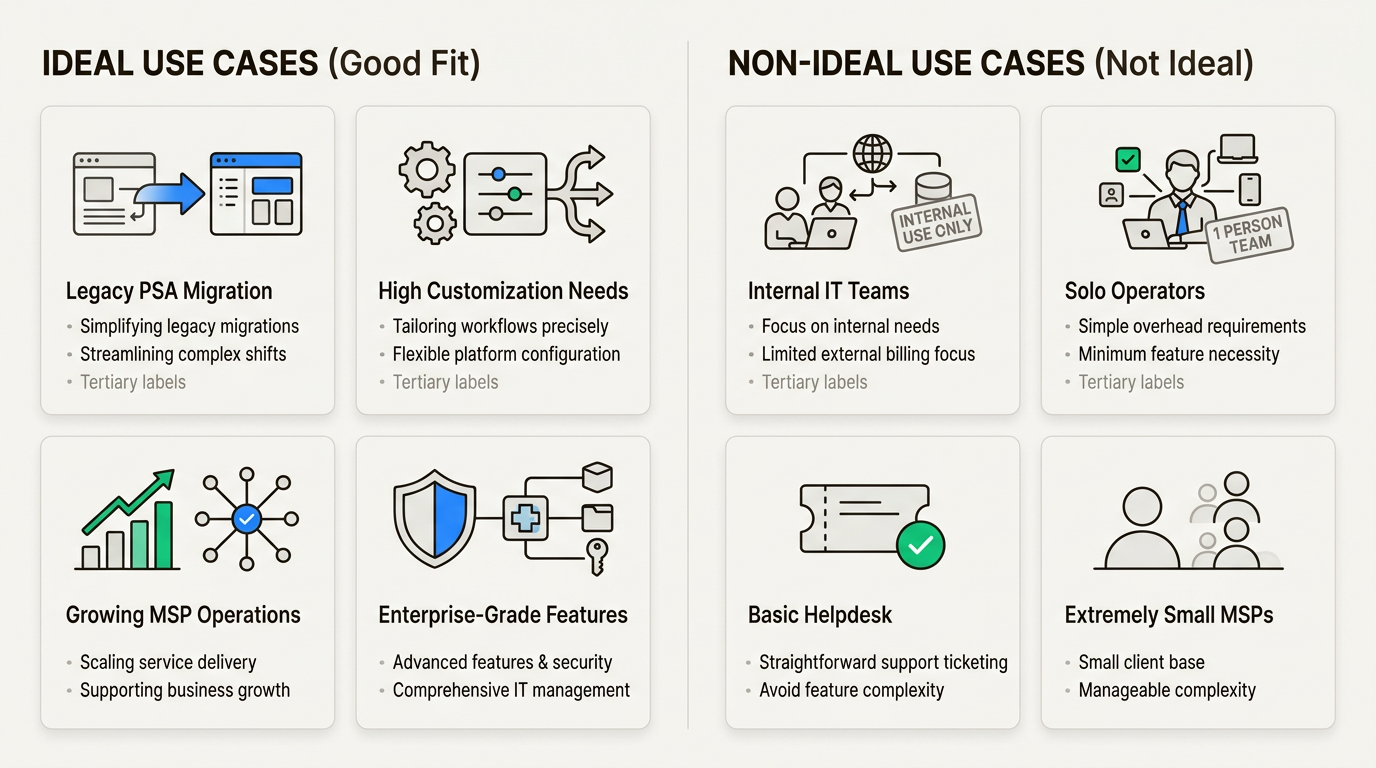Good fit versus not ideal use cases for HaloPSA decision matrix