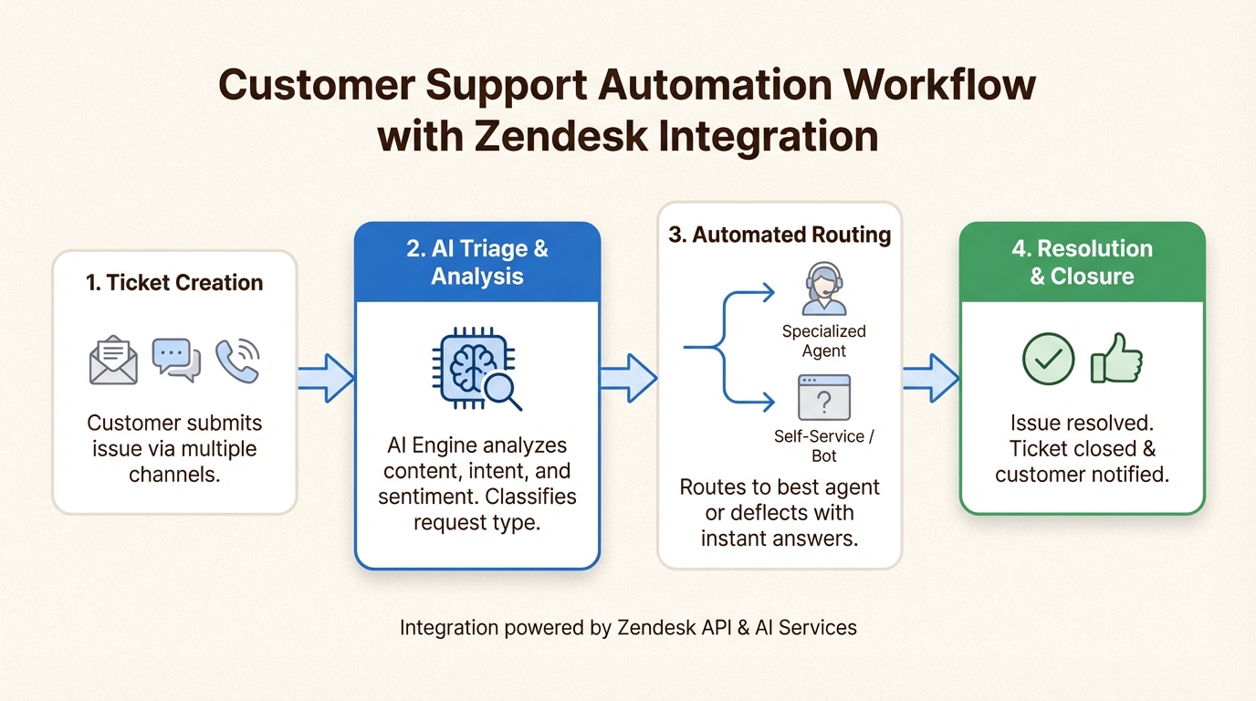Infografía que muestra la automatización del flujo de trabajo de IA para el enrutamiento de tickets de soporte al cliente