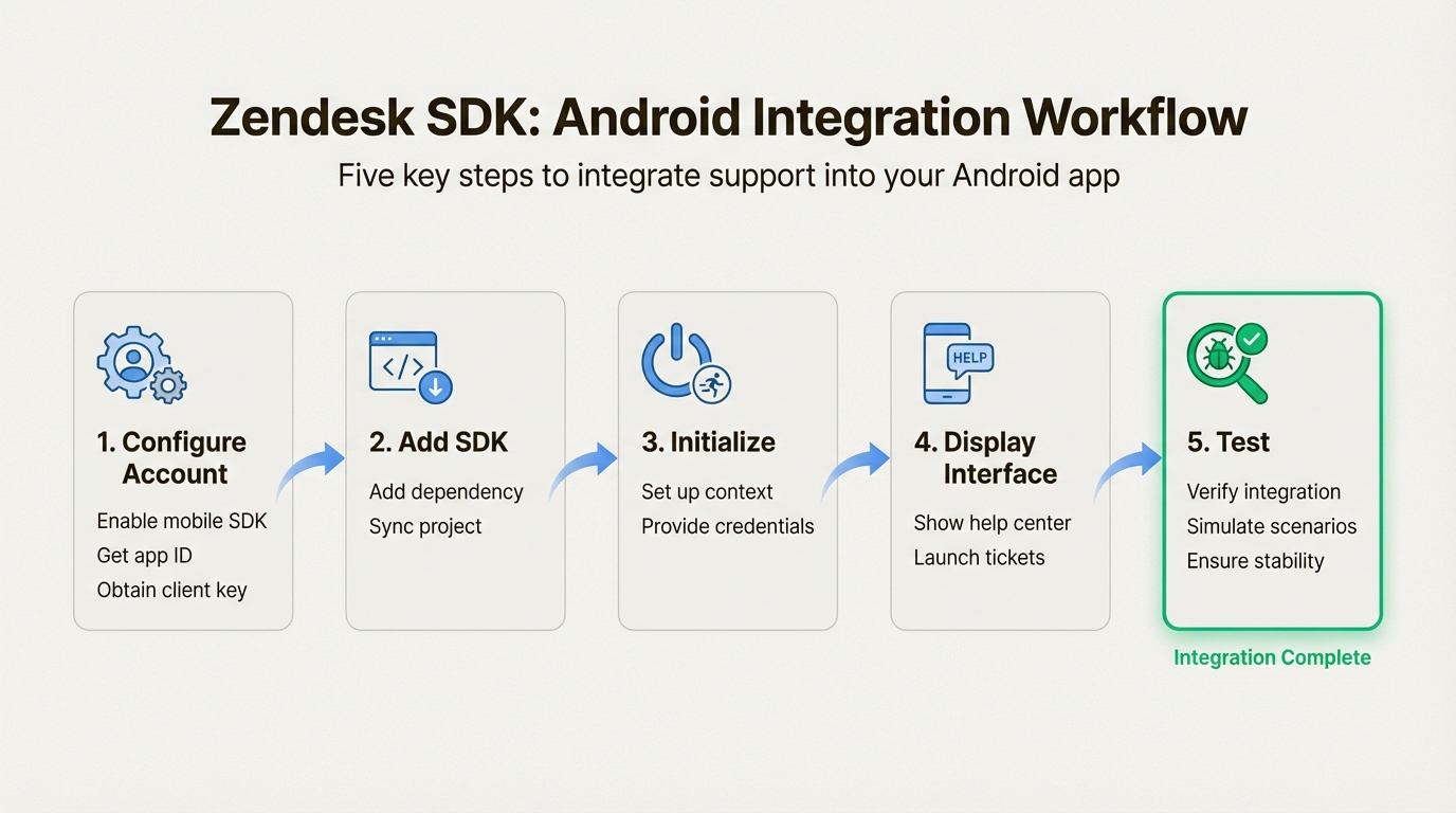 Flujo de trabajo de cinco pasos para integrar funciones de soporte de Zendesk en aplicaciones Android