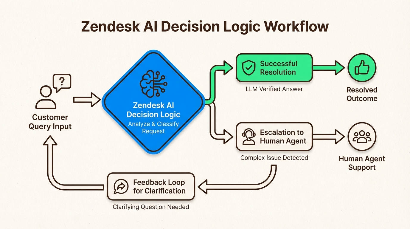 Lógica de escalonamento estratégico roteando problemas complexos de clientes para agentes humanos, enquanto a IA lida com resoluções de rotina de forma autônoma